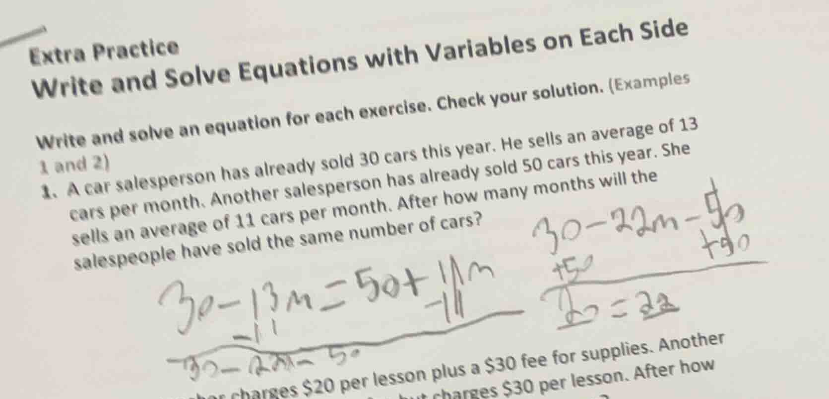 extra practice write and solve equations with variables on each side wr…