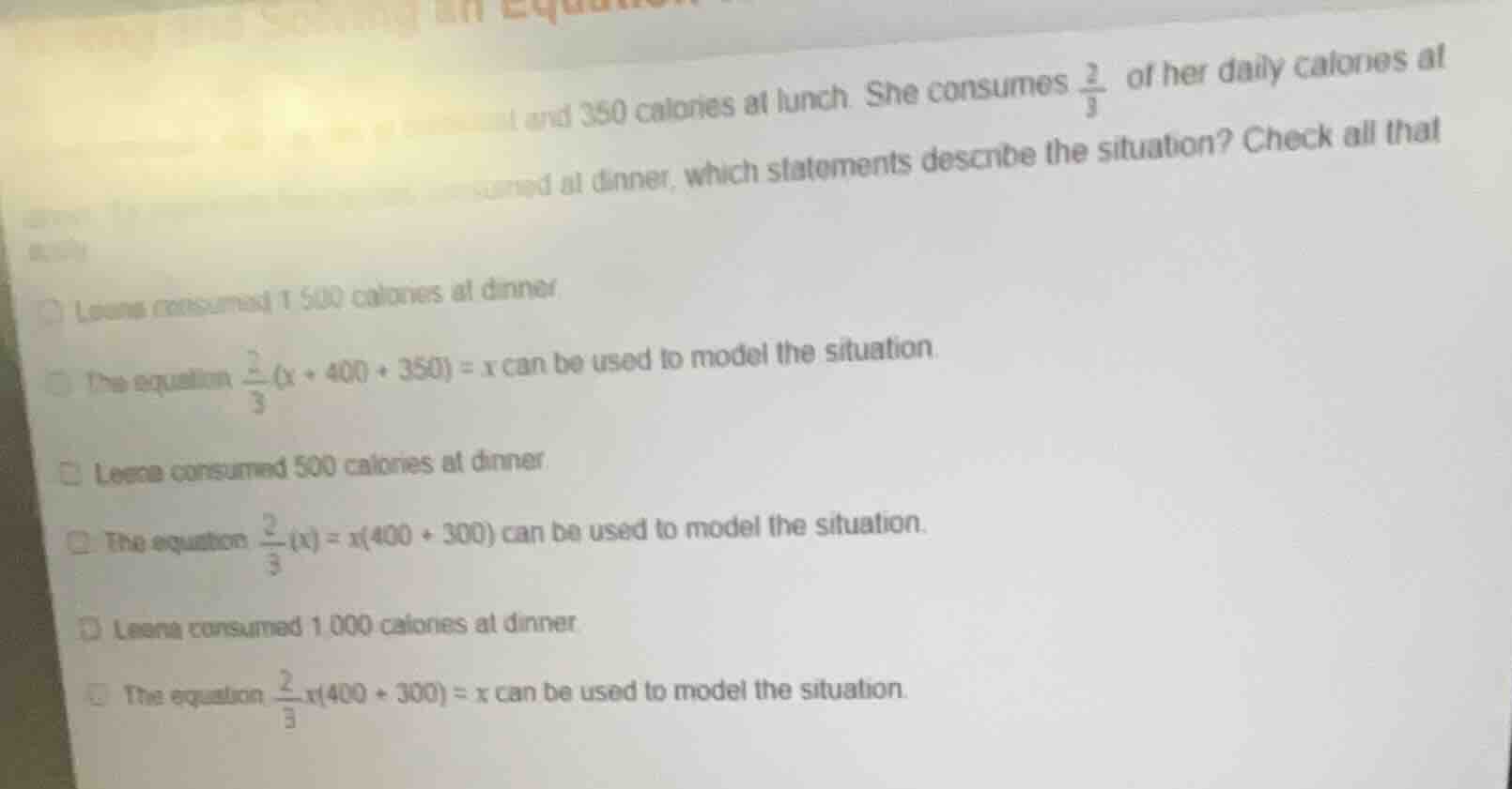 and 350 calories at lunch. she consumes \\(\\frac{2}{3}\\) of her daily…
