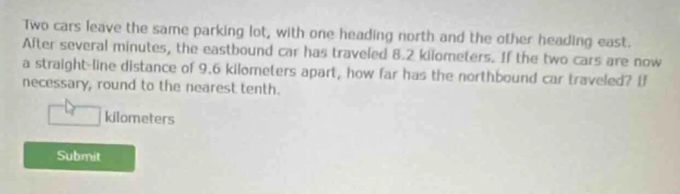 two cars leave the same parking lot, with one heading north and the oth…