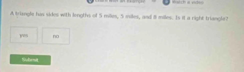 a triangle has sides with lengths of 5 miles, 5 miles, and 8 miles. is …