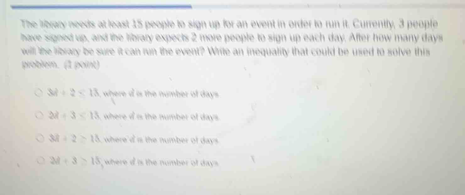 the library needs at least 15 people to sign up for an event in order t…
