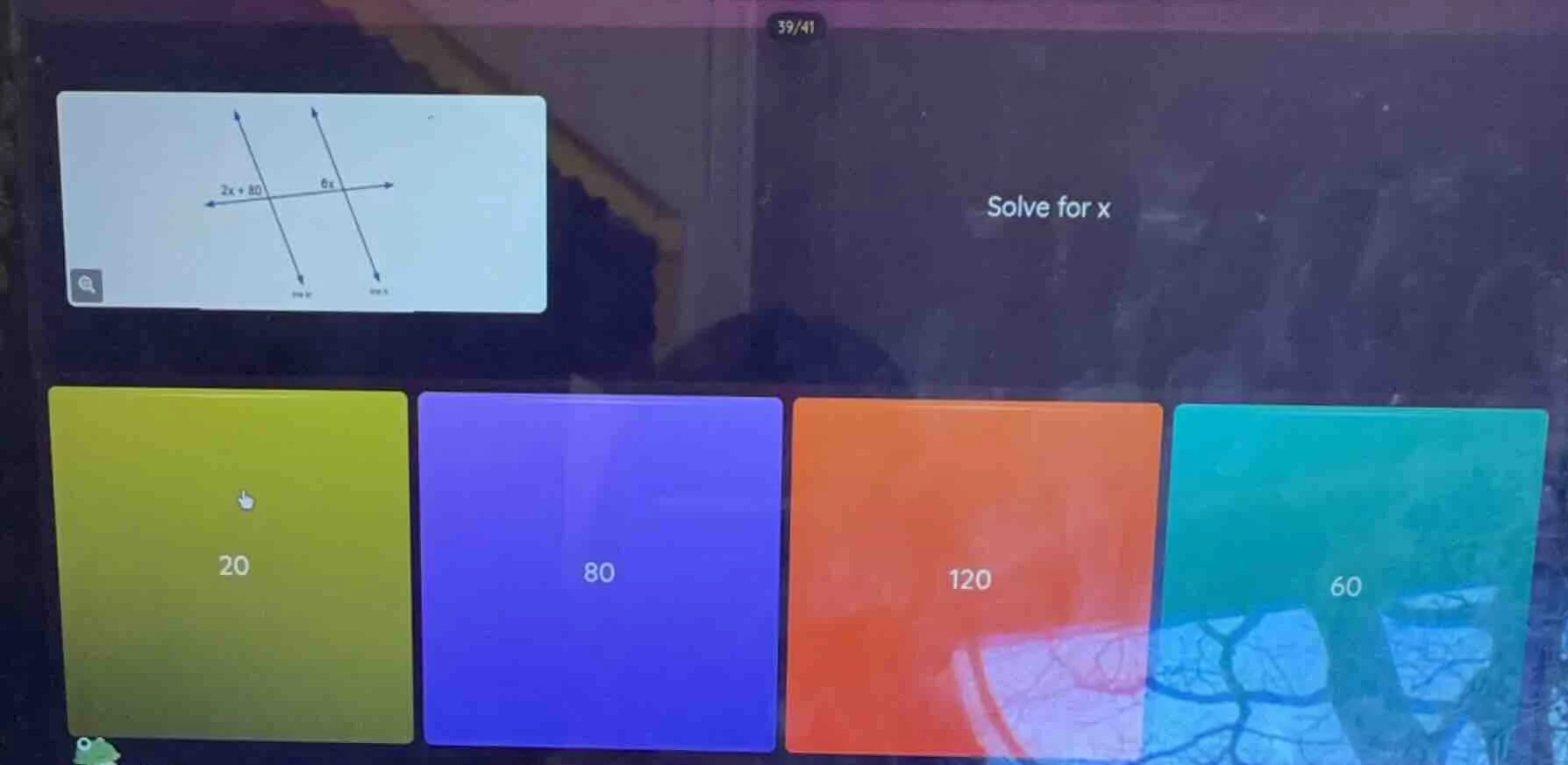 solve for x 2x + 80 6x options: 20, 80, 120, 60