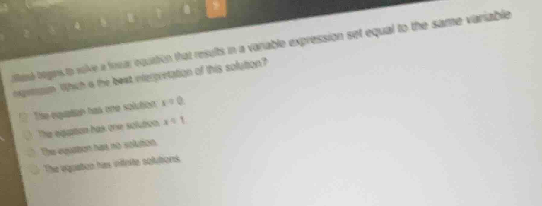 shane begins to solve a linear equation that results in a variable expr…