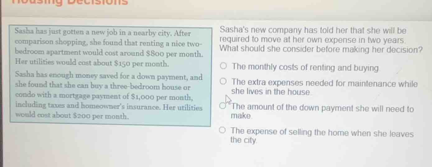 housing decisions sasha has just gotten a new job in a nearby city. aft…