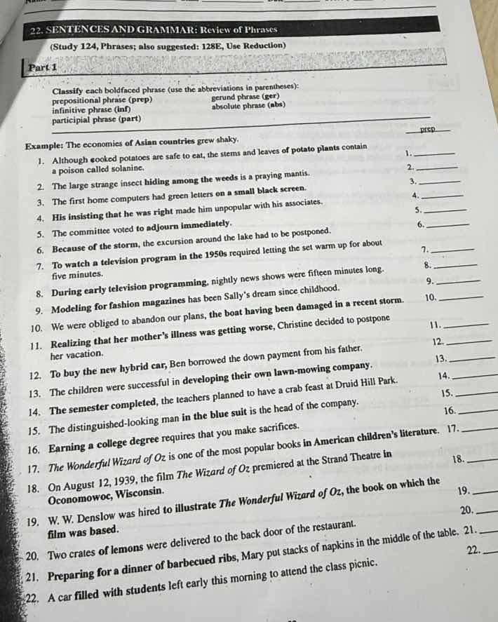 22. sentences and grammar: review of phrases (study 124, phrases; also …