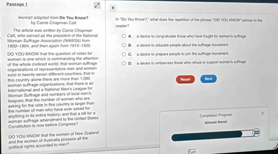 passage 1 excerpt adapted from do you know? by carrie chapman catt the …