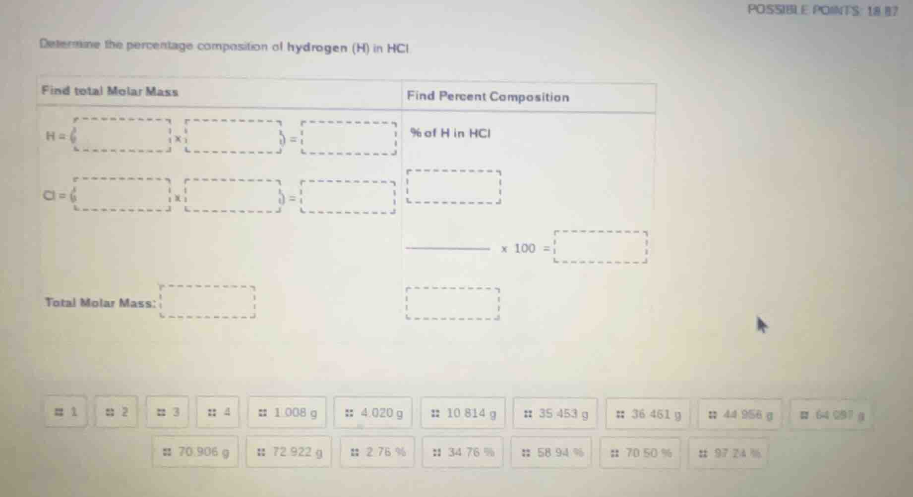 determine the percentage composition of hydrogen (h) in hcl find total …