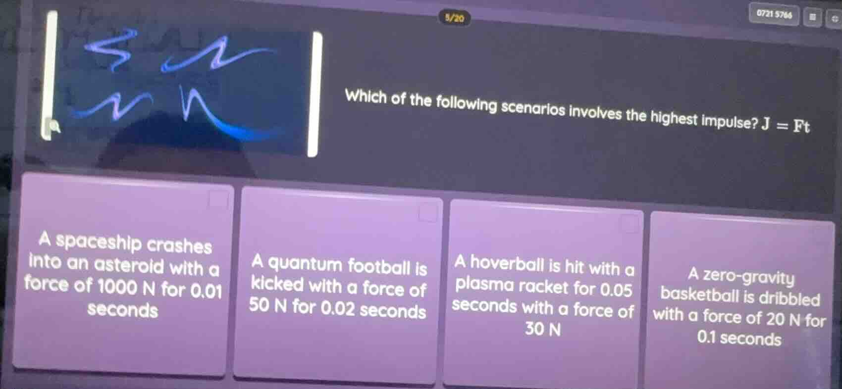 which of the following scenarios involves the highest impulse? $j = ft$…