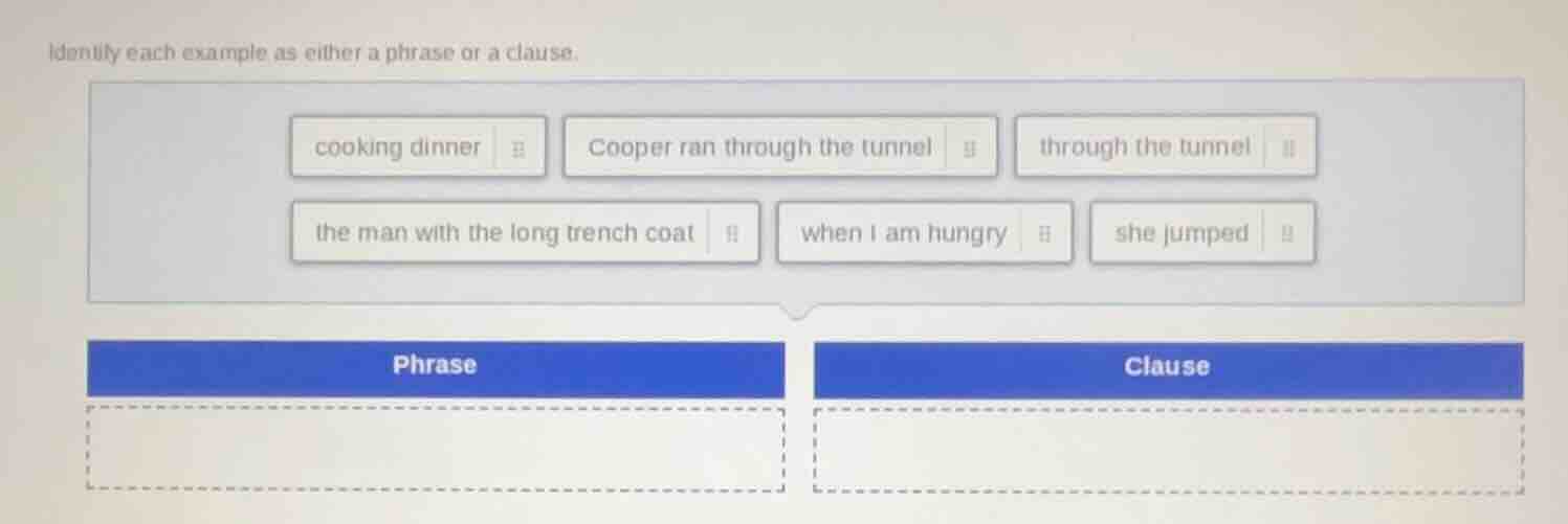 identify each example as either a phrase or a clause. cooking dinner co…