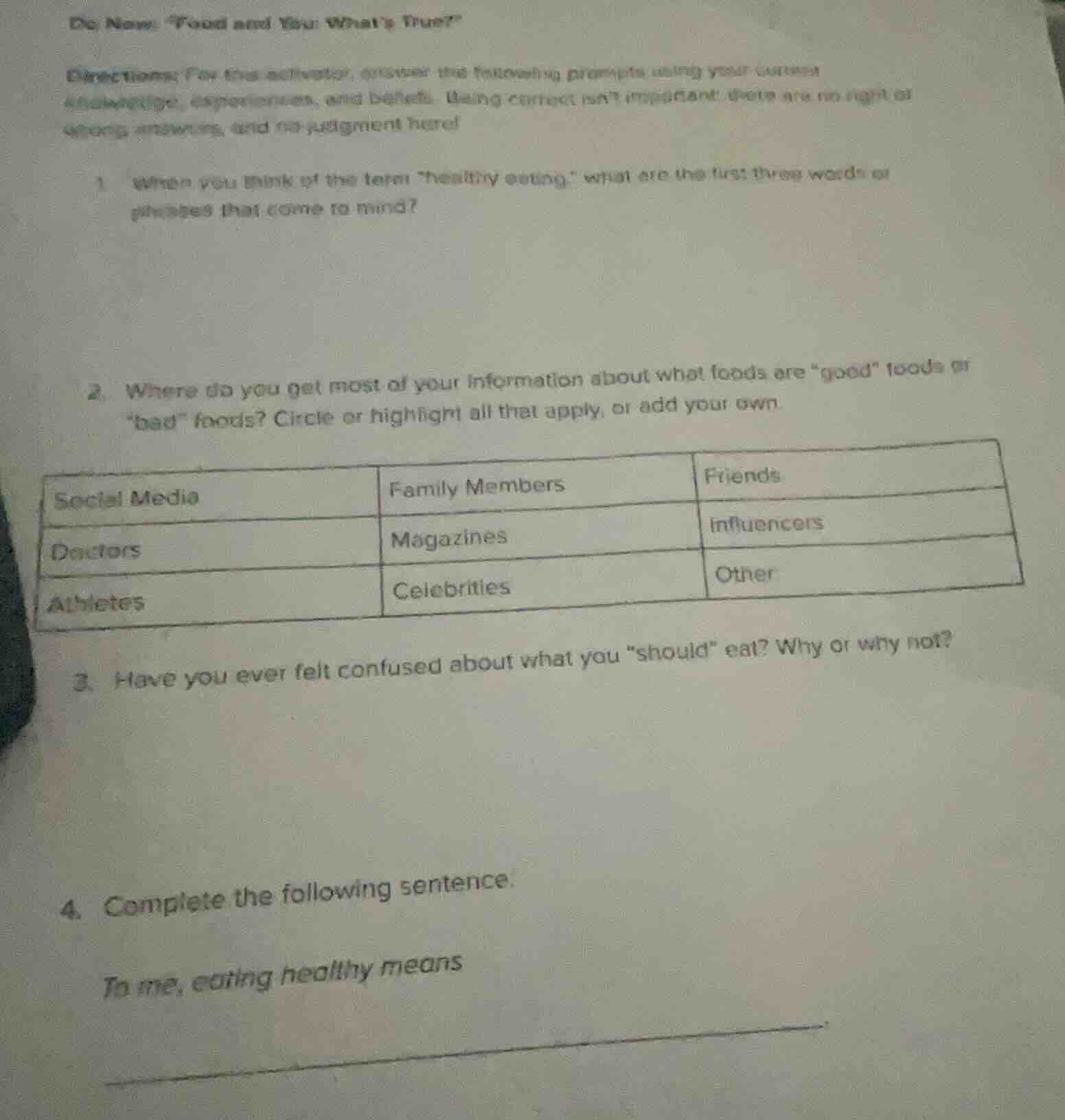 do now: “food and you: what’s true?” directions: for this activator, an…