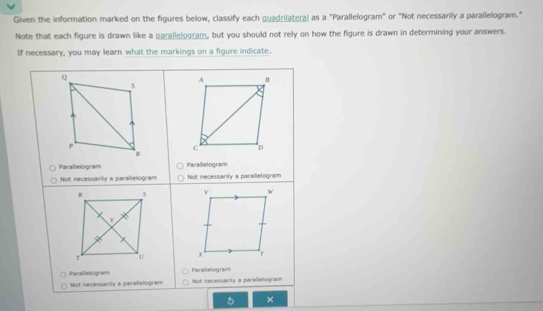 given the information marked on the figures below, classify each quadri…