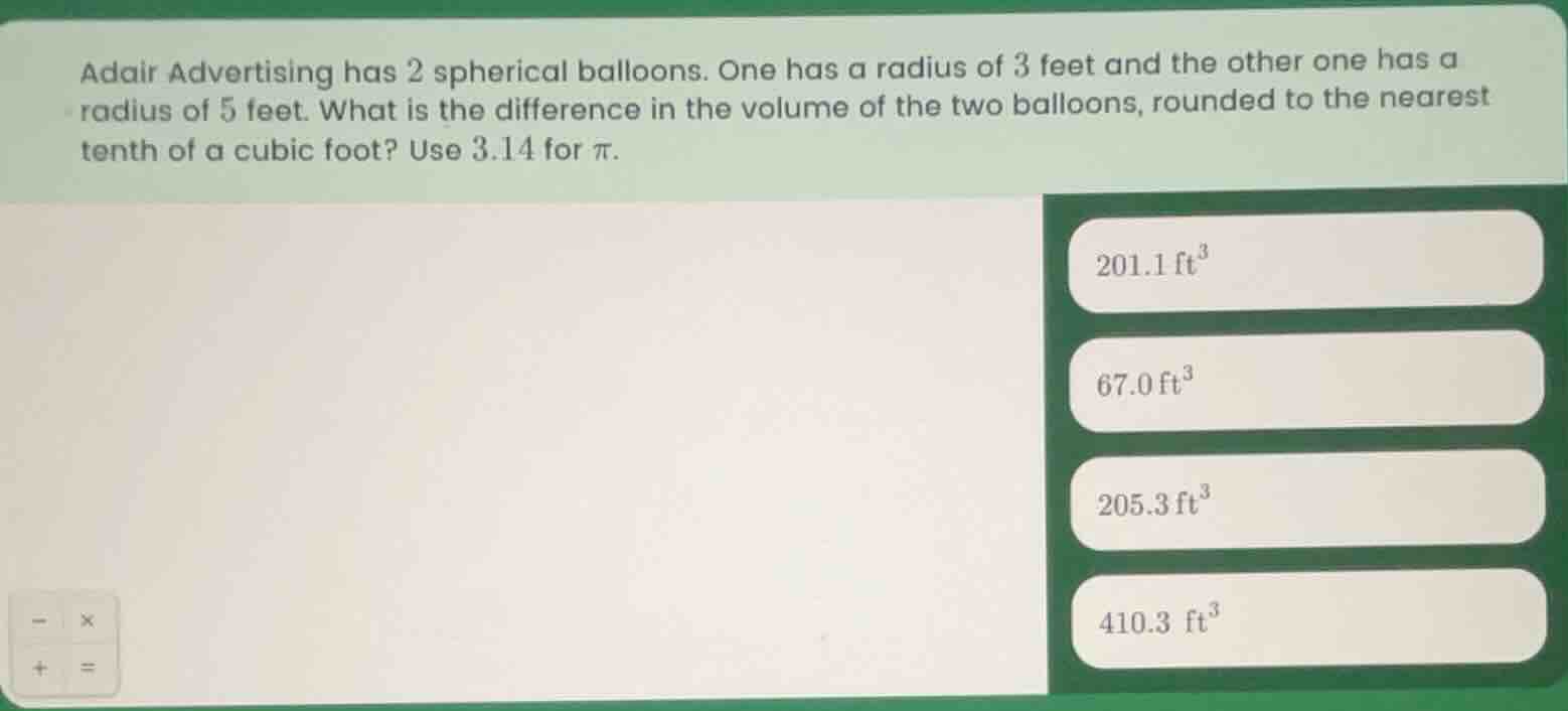 adair advertising has 2 spherical balloons. one has a radius of 3 feet …