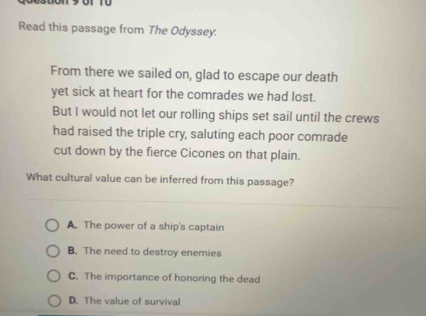 question 9 of 10 read this passage from the odyssey. from there we sail…