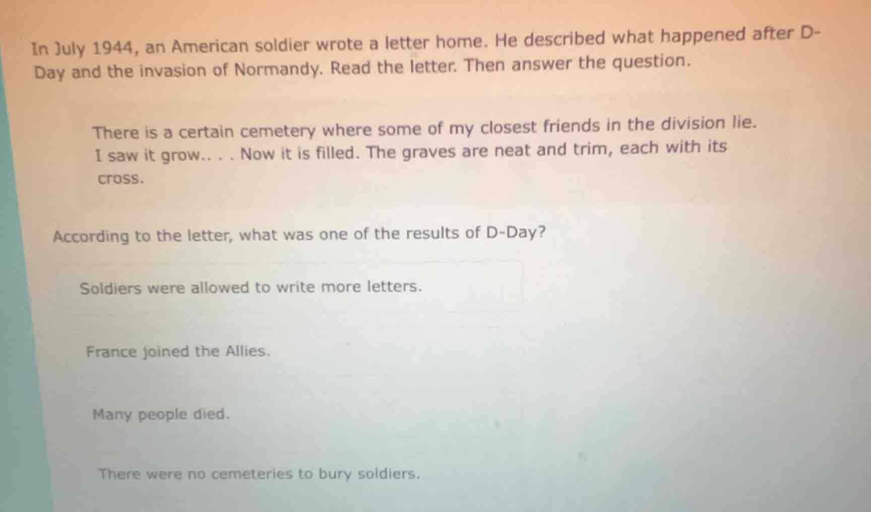 in july 1944, an american soldier wrote a letter home. he described wha…
