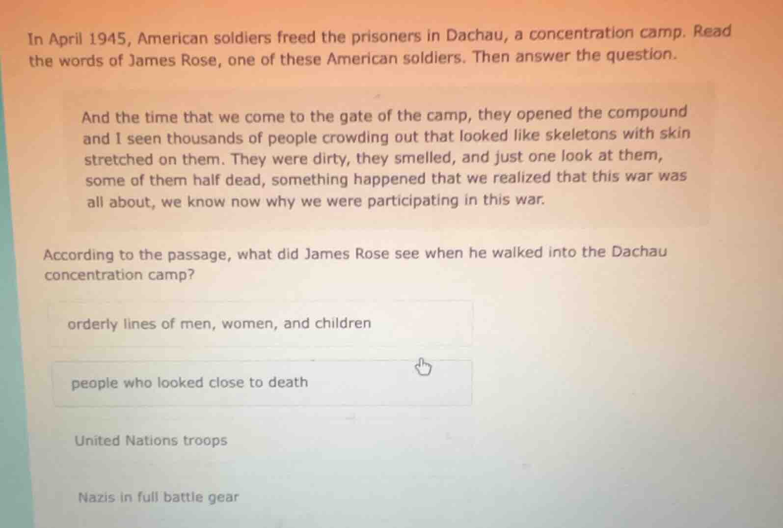 in april 1945, american soldiers freed the prisoners in dachau, a conce…