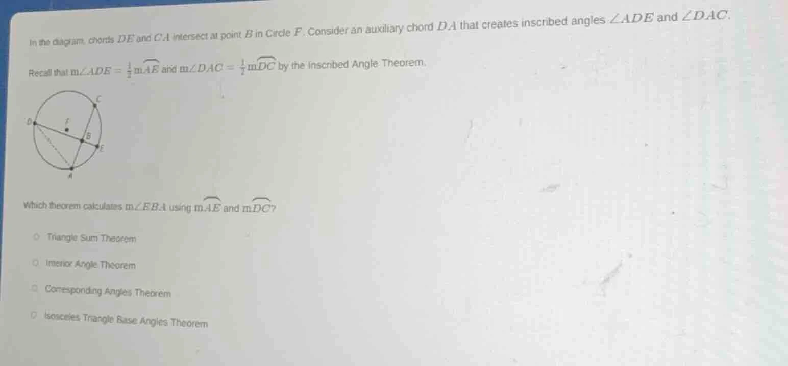 in the diagram, chords de and ca intersect at point b in circle f. cons…