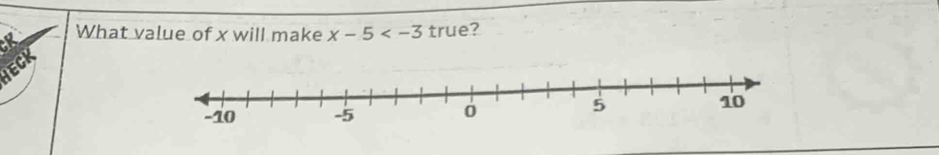 what value of x will make $x - 5 < -3$ true? (there is a number line wi…