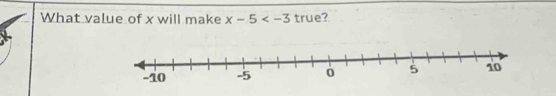 what value of x will make $x - 5 < -3$ true? (number line from -10 to 1…