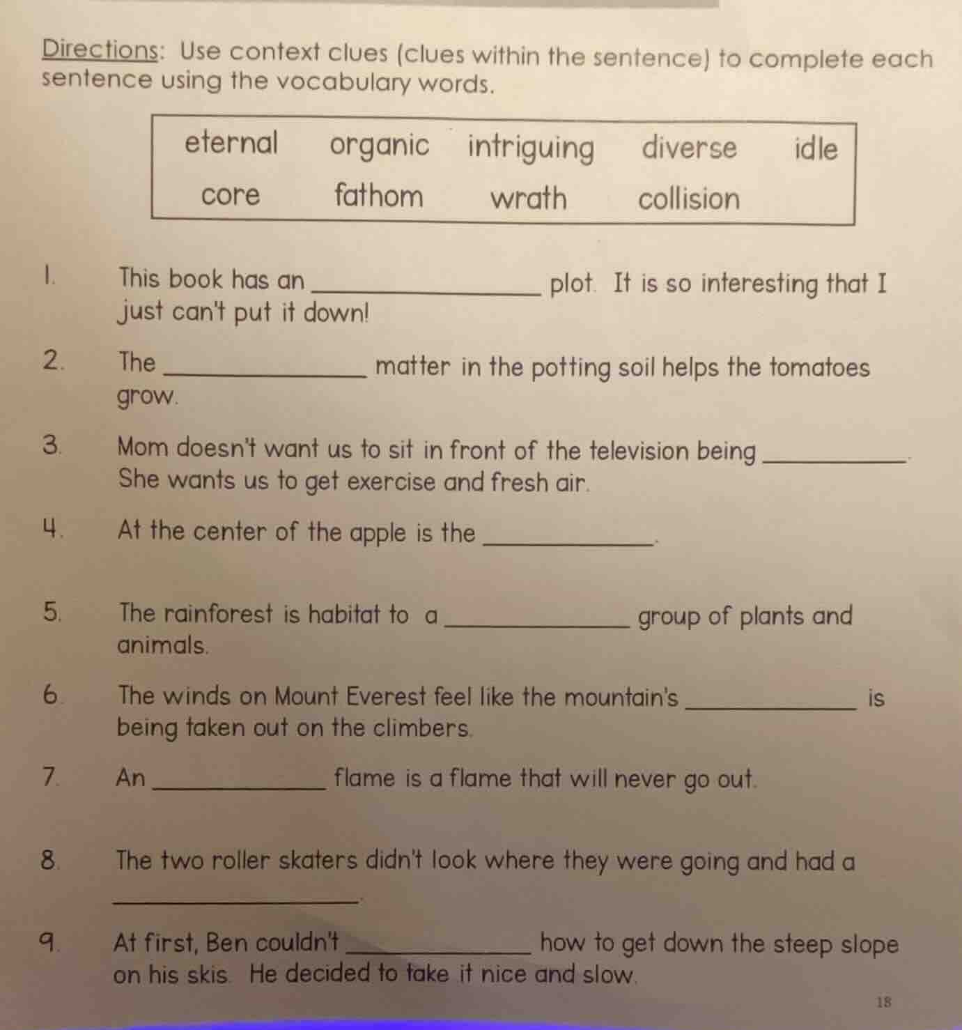 directions: use context clues (clues within the sentence) to complete e…