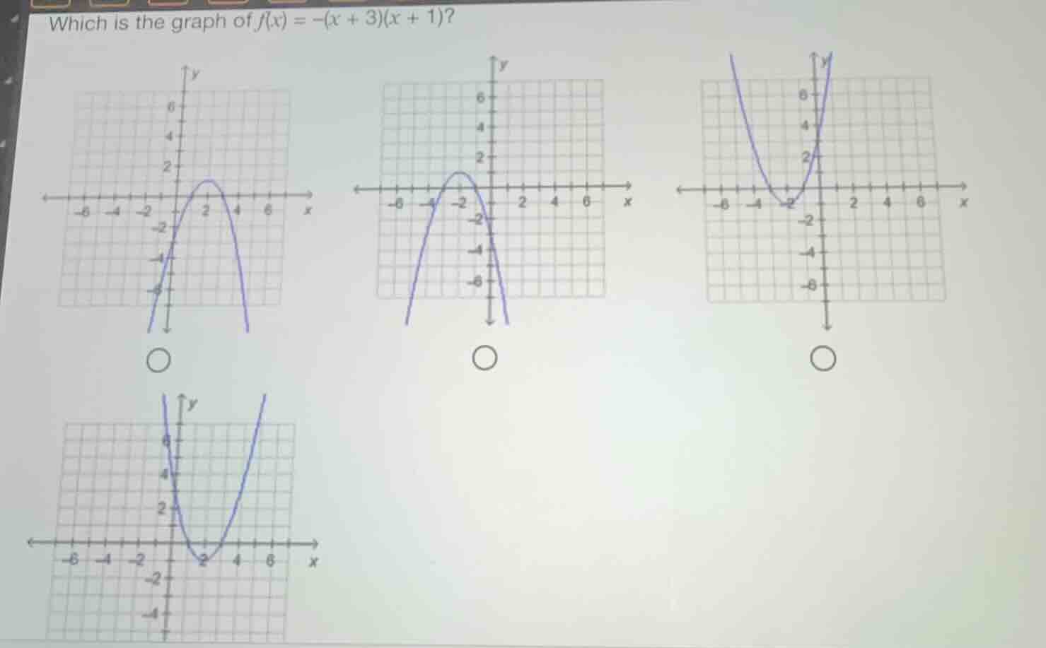 which is the graph of $f(x) = -(x + 3)(x + 1)$? (four graphs are shown …