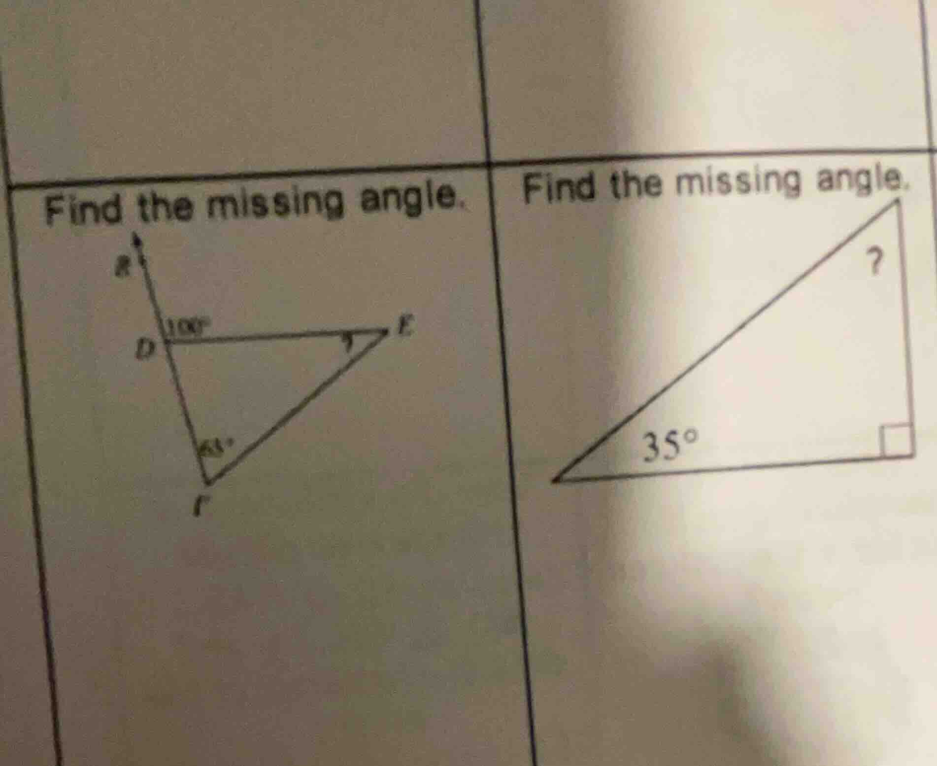 find the missing angle. (left triangle: angle at d with exterior angle …