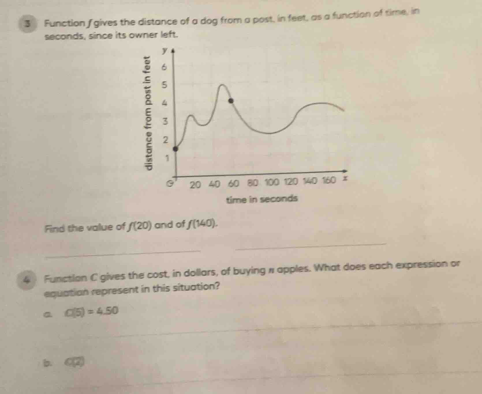 3 function f gives the distance of a dog from a post, in feet, as a fun…