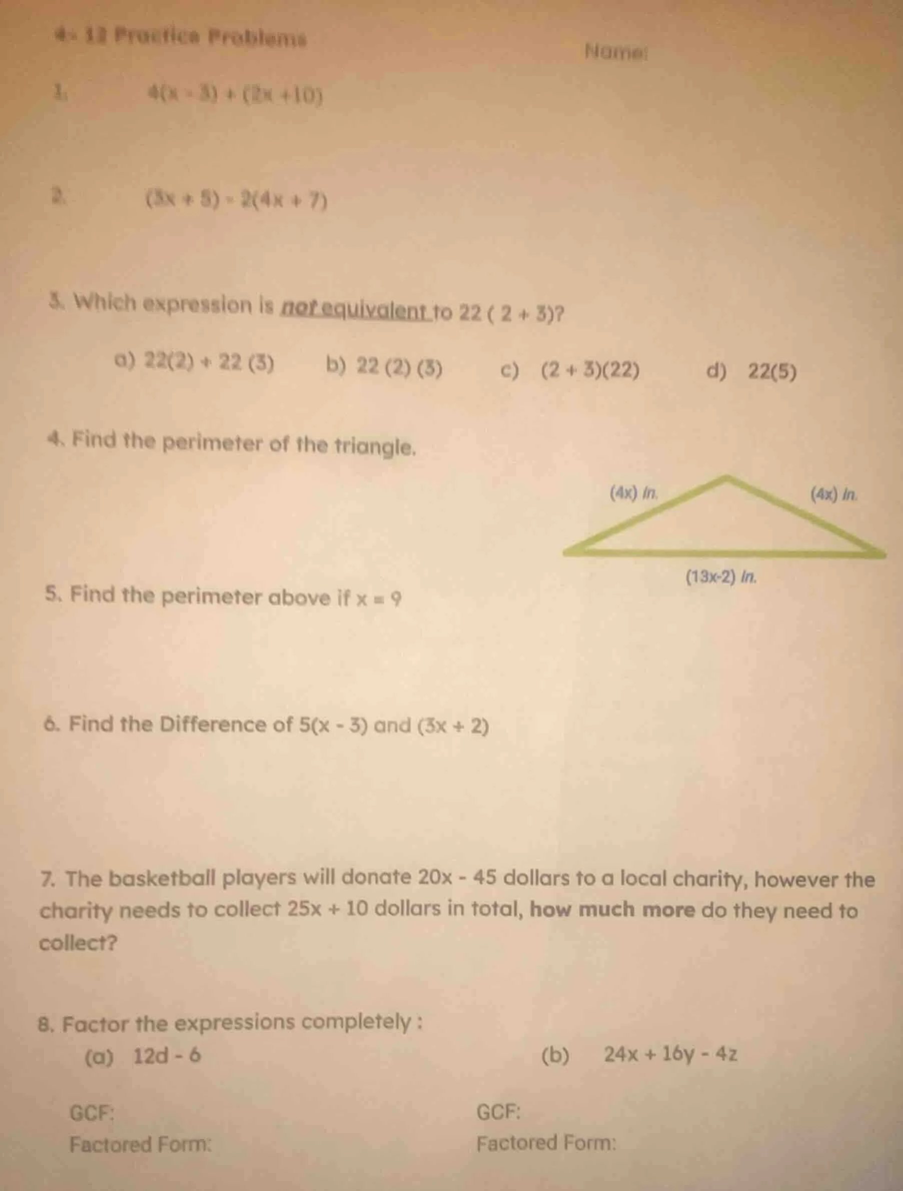4-12 practice problems name: 1. \\(4(x - 3) + (2x + 10)\\) 2. \\((3x + …