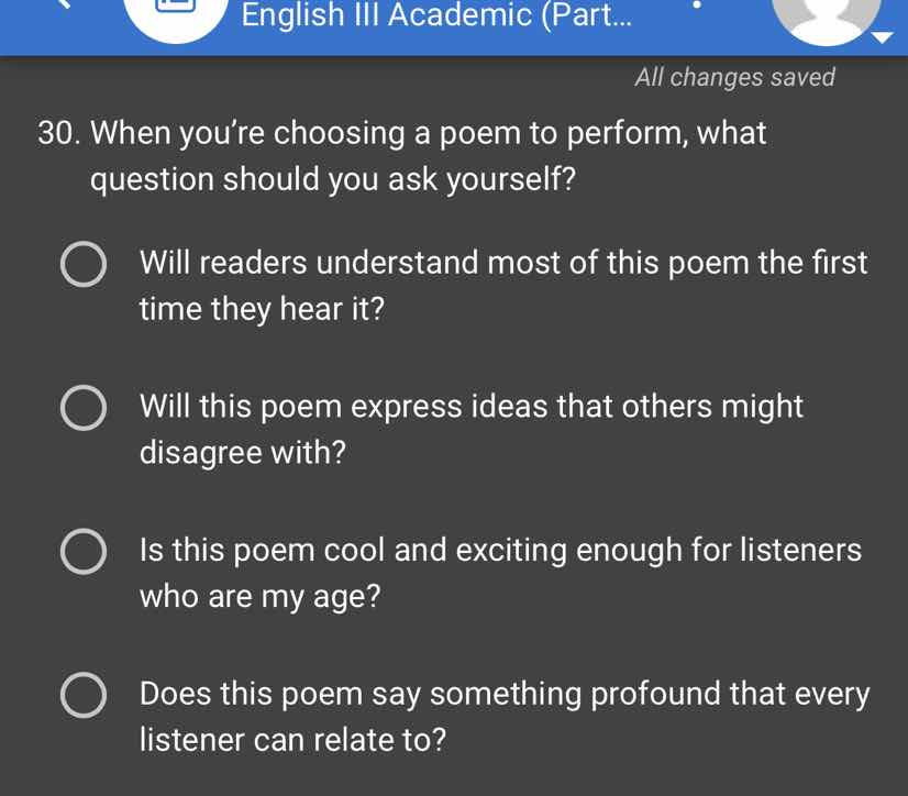 30. when you’re choosing a poem to perform, what question should you as…