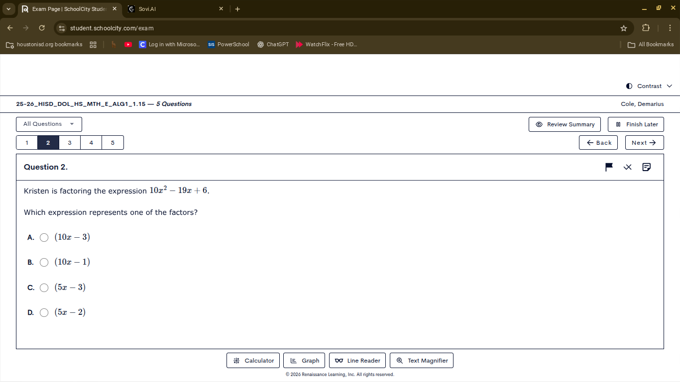 question 2. kristen is factoring the expression $10x^2 - 19x + 6$. whic…