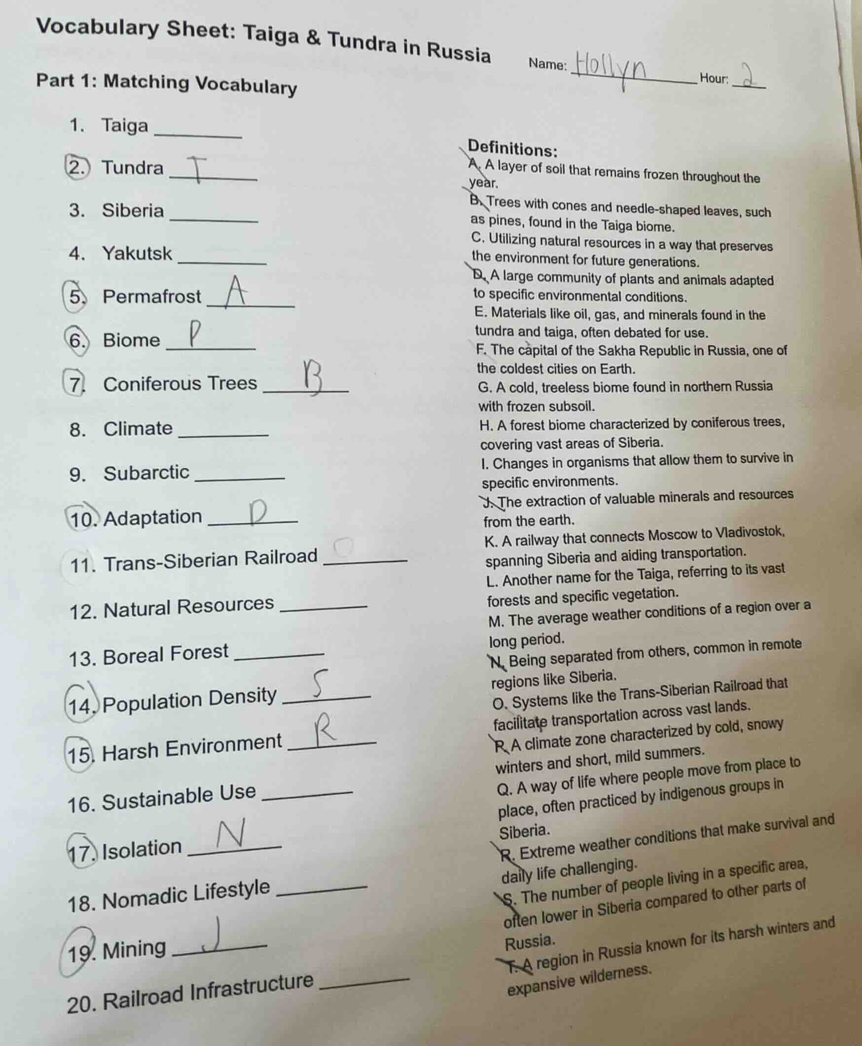 vocabulary sheet: taiga & tundra in russia name: hollyn hour: 2 part 1:…