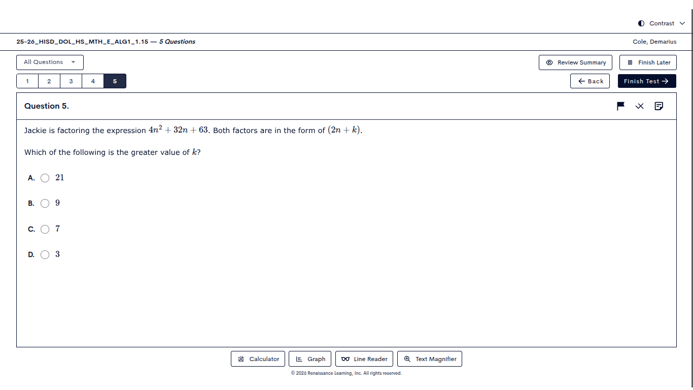question 5. jackie is factoring the expression $4n^2 + 32n + 63$. both …