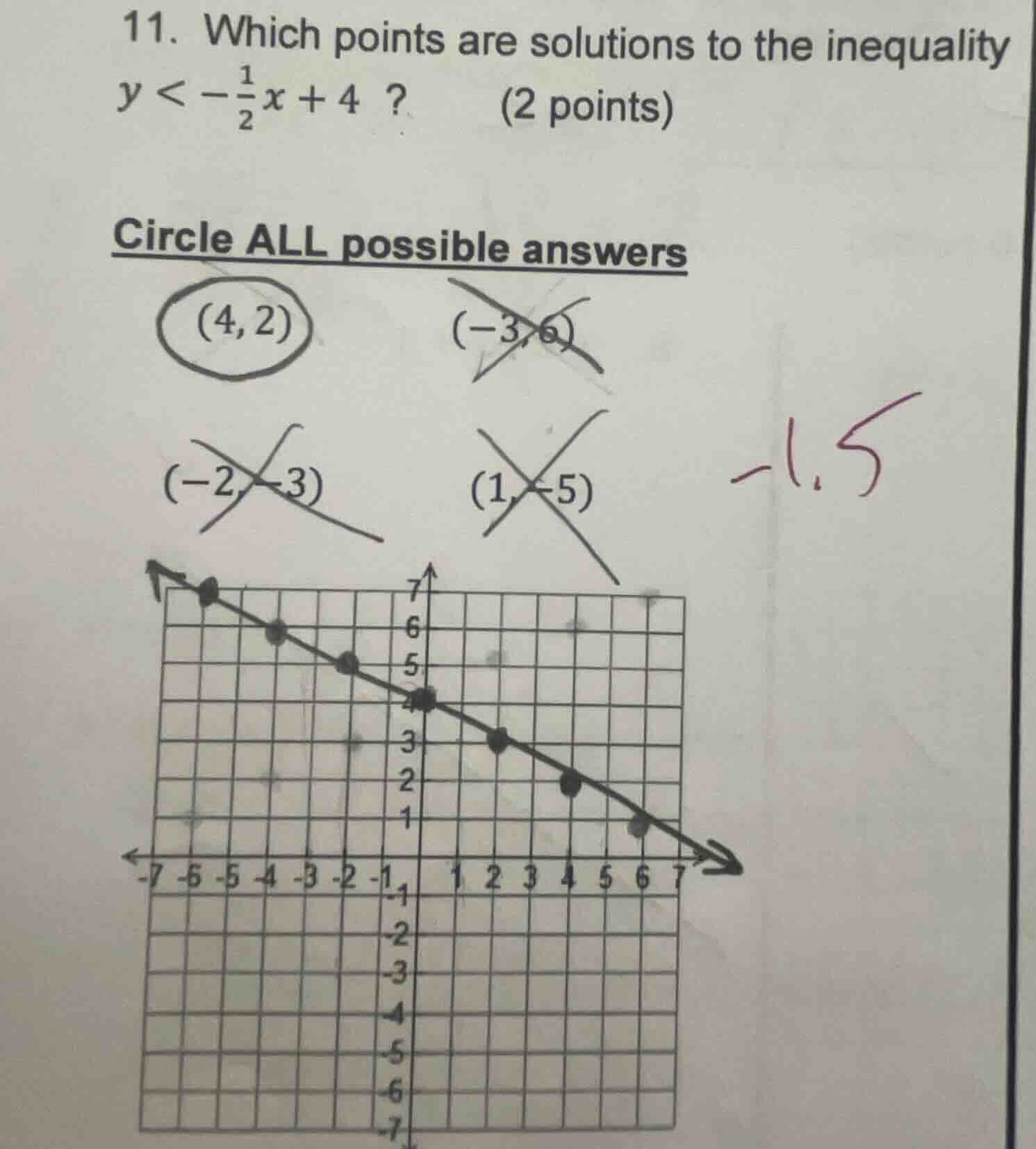 11. which points are solutions to the inequality $y < -\frac{1}{2}x + 4…