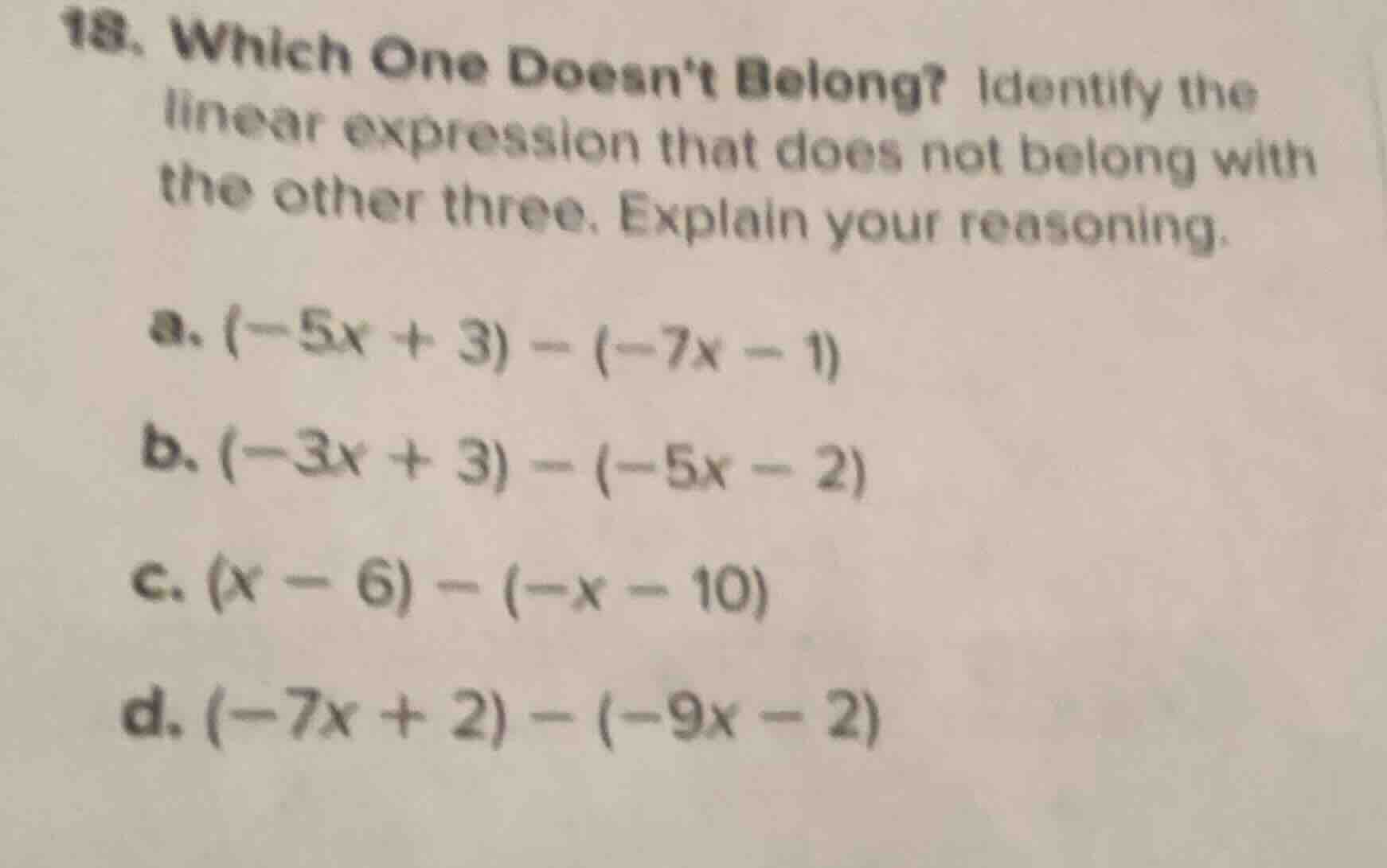 18. which one doesnt belong? identify the linear expression that does n…