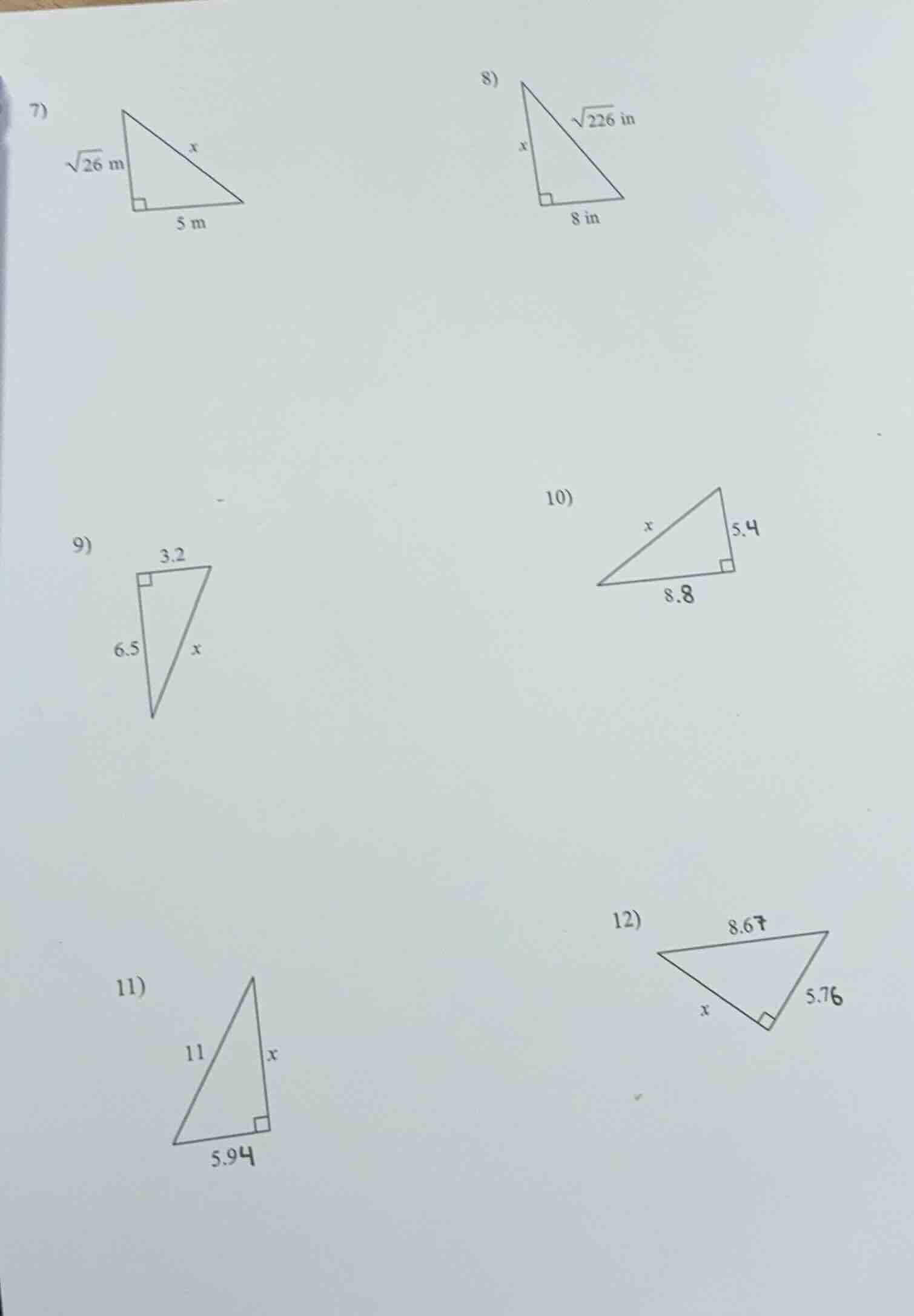 7) right triangle with one leg (sqrt{26}) m, another leg 5 m, hypotenus…