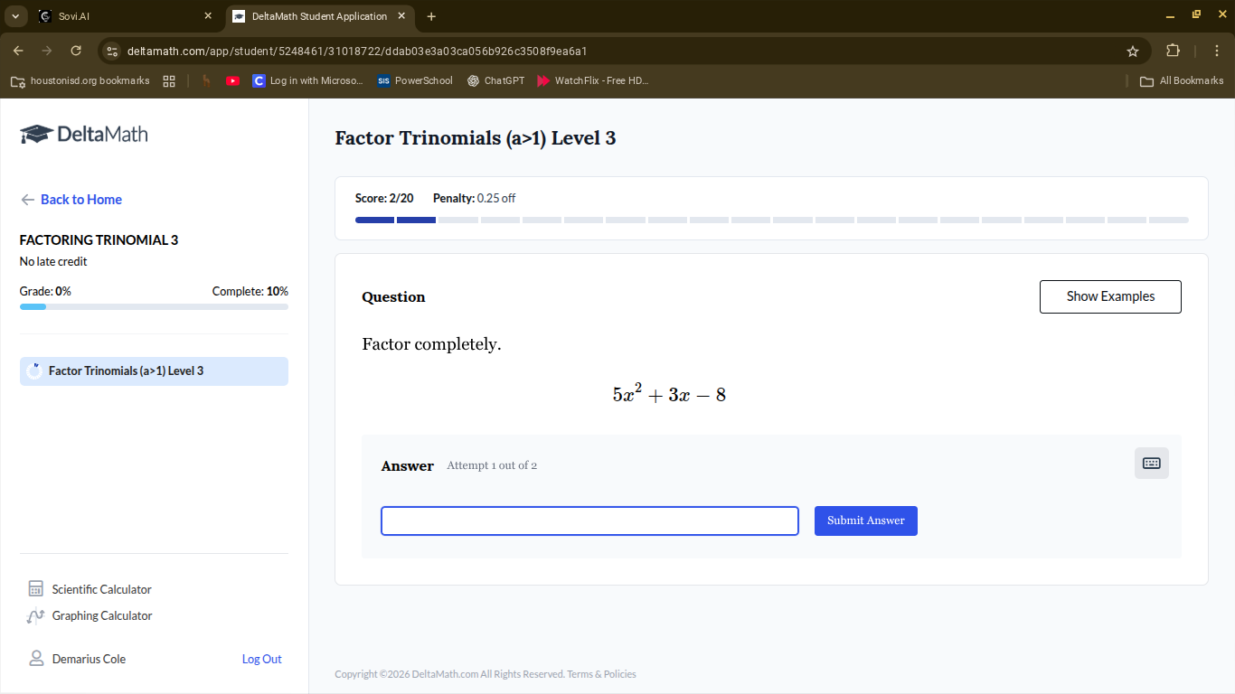 factor completely. $5x^2 + 3x - 8$