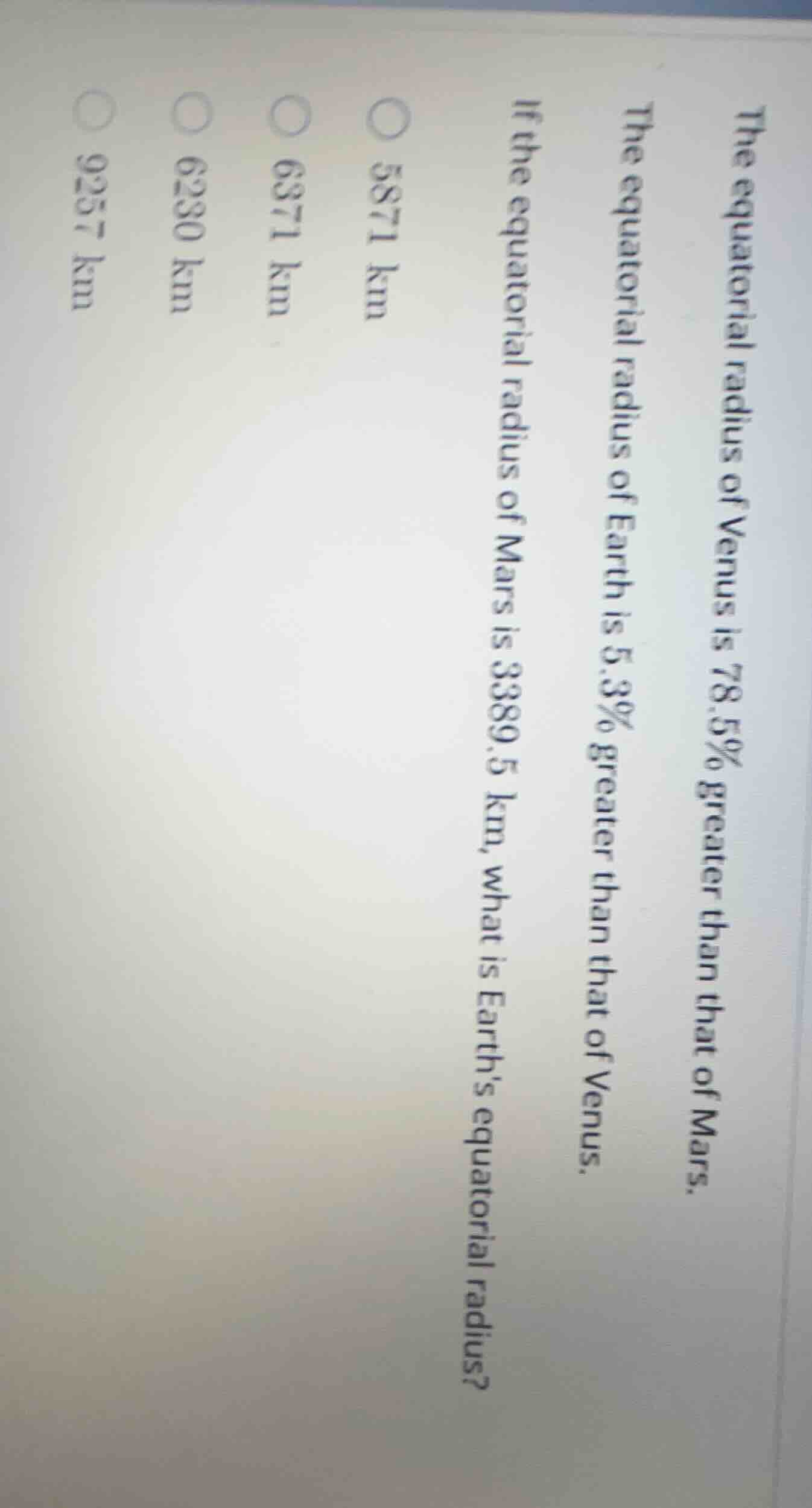 the equatorial radius of venus is 78.5% greater than that of mars. the …