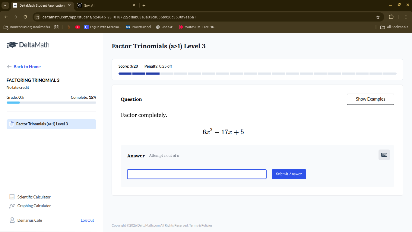 factor trinomials (a>1) level 3 question factor completely. $6x^2 - 17x…