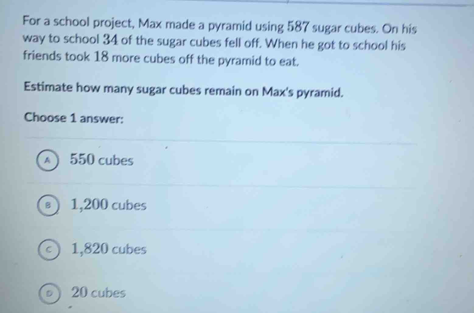 for a school project, max made a pyramid using 587 sugar cubes. on his …