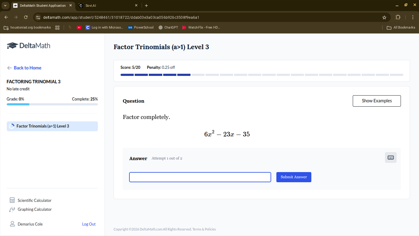 factor completely. $6x^2 - 23x - 35$
