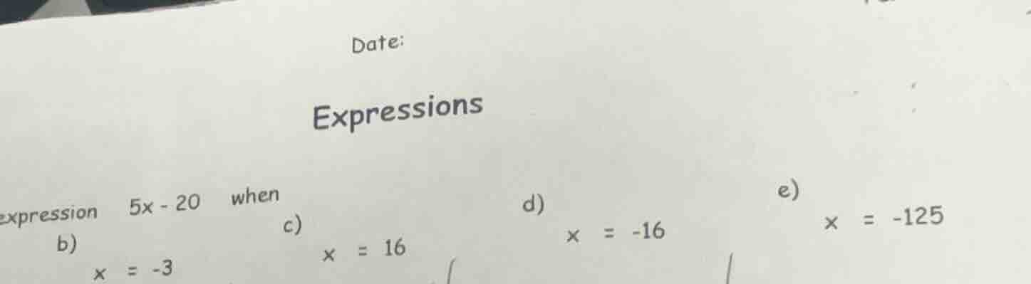 date: expressions expression 5x - 20 when b) x = -3 c) x = 16 d) x = -1…