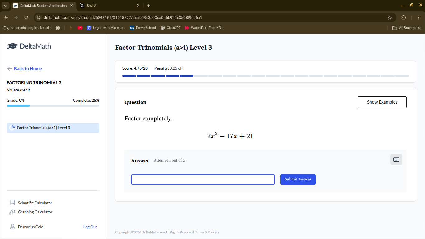 factor completely. $2x^2 - 17x + 21$