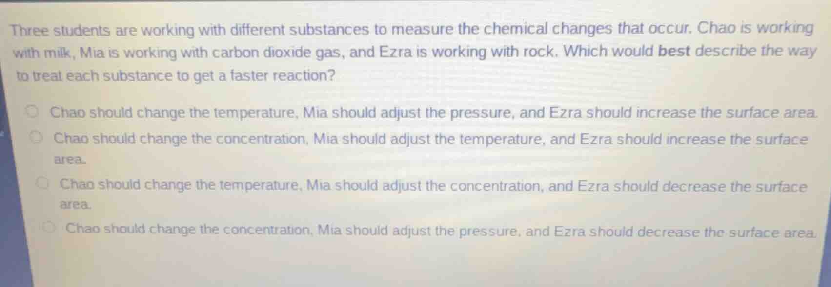 three students are working with different substances to measure the che…