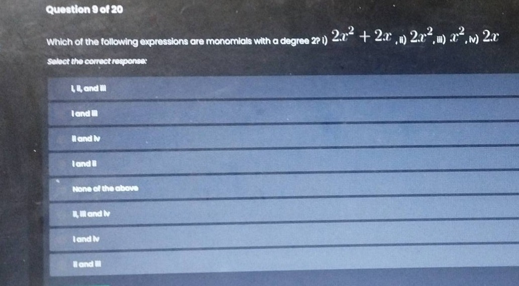 question 9 of 20 which of the following expressions are monomials with …