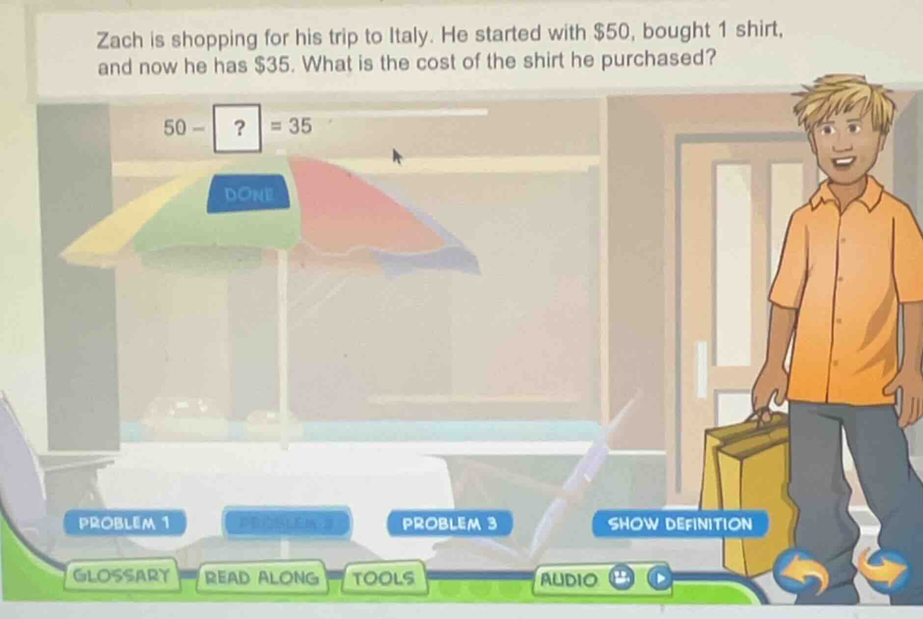 zach is shopping for his trip to italy. he started with $50, bought 1 s…