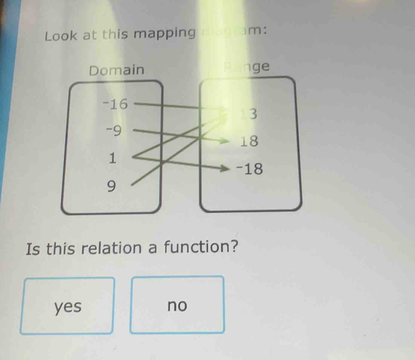 look at this mapping diagram: domain: -16, -9, 1, 9 range: 13, 18, -18 …