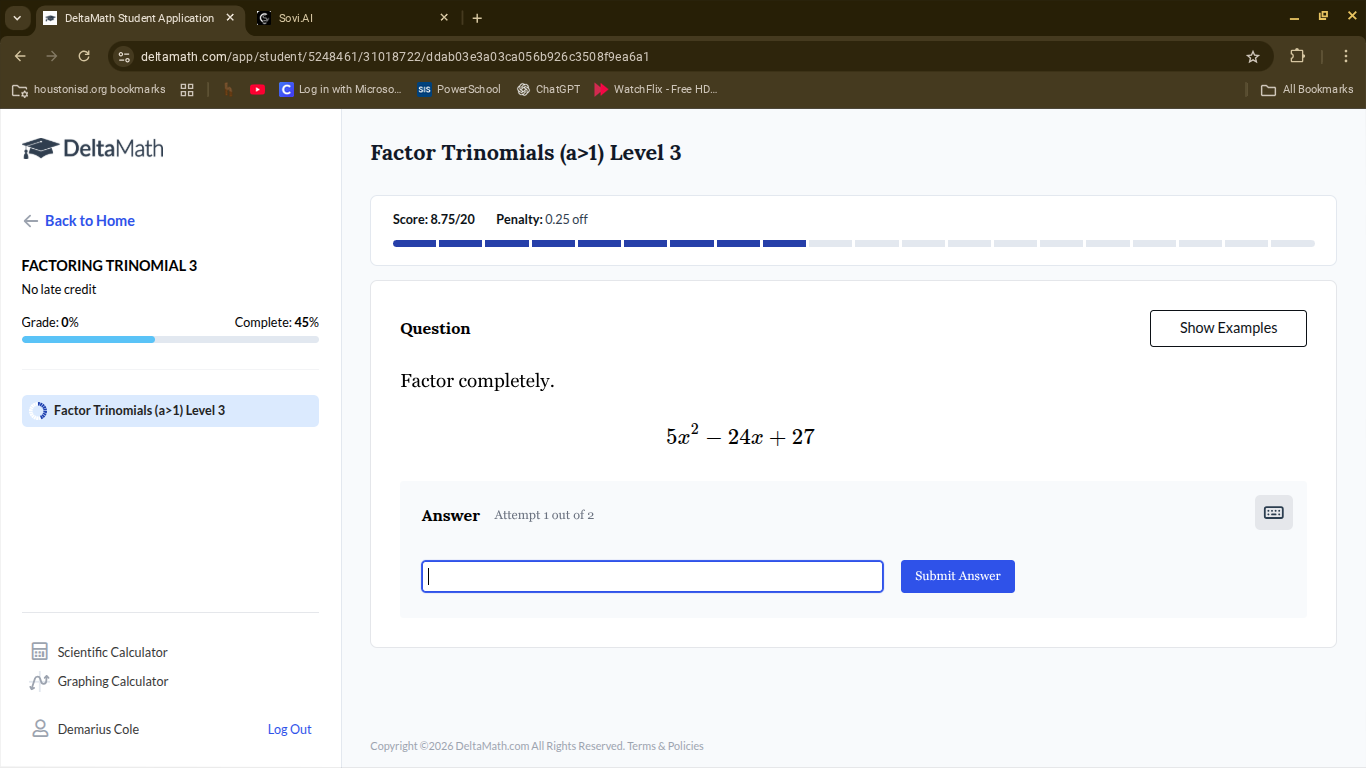 factor completely. $5x^2 - 24x + 27$