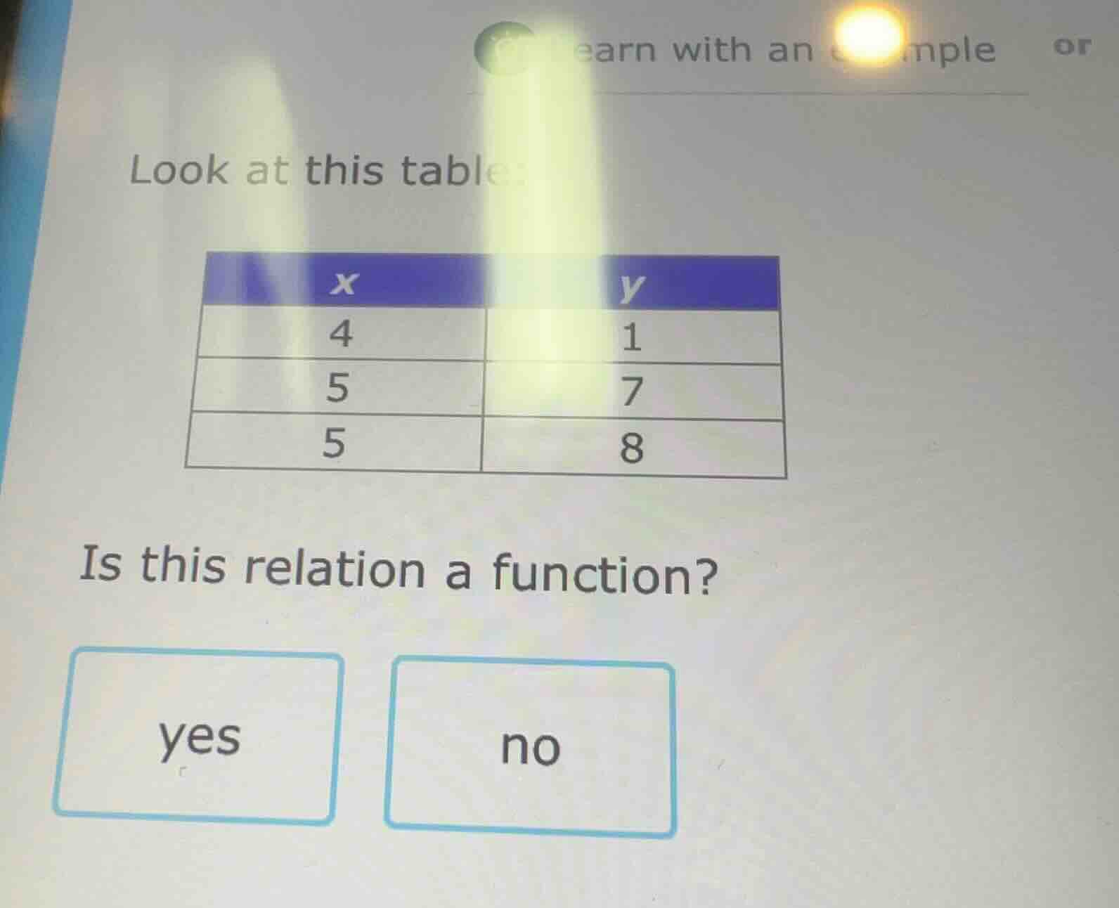 look at this table: | x | y | |----|----| | 4 | 1 | | 5 | 7 | | 5 | 8 |…
