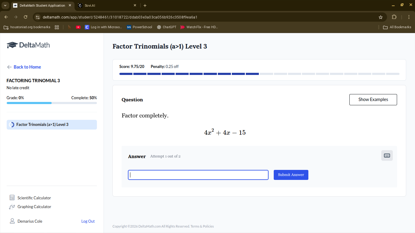 factor completely. $4x^2 + 4x - 15$