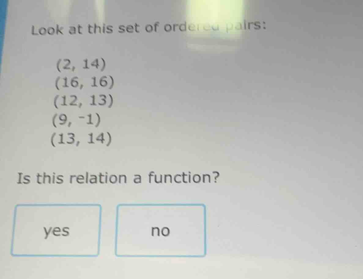look at this set of ordered pairs: (2, 14) (16, 16) (12, 13) (9, -1) (1…