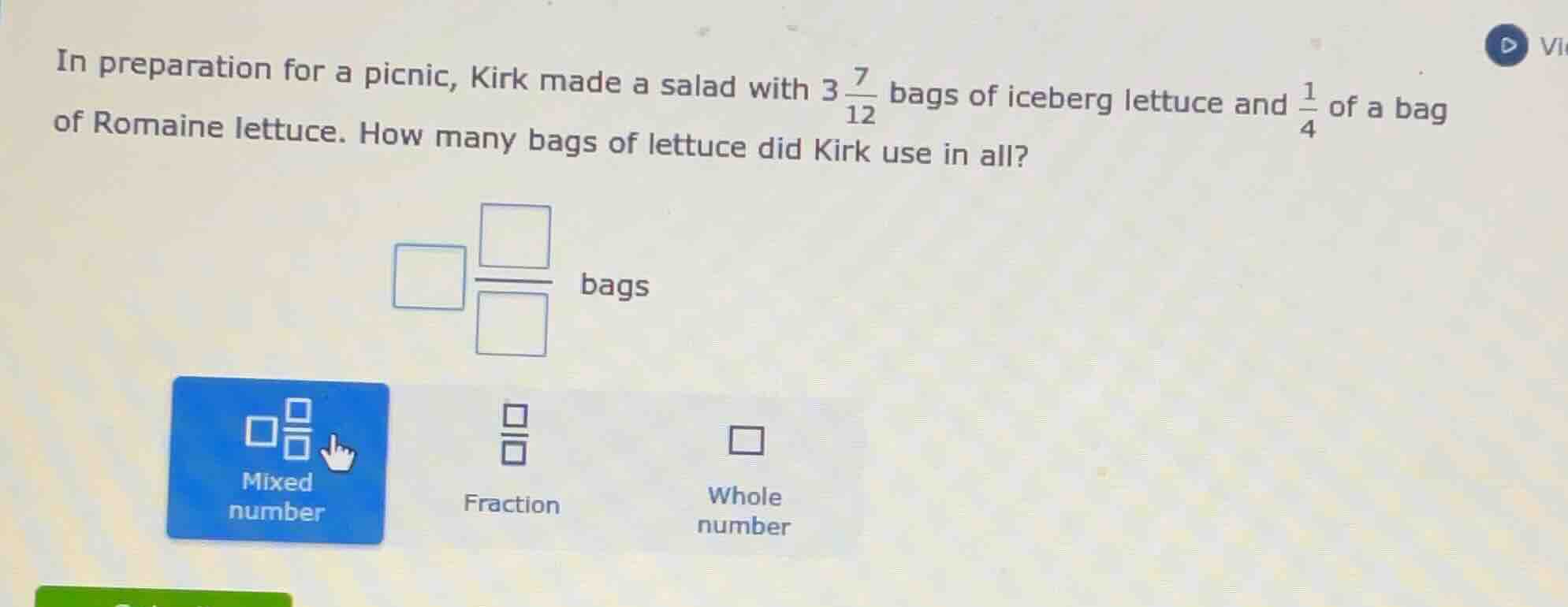 in preparation for a picnic, kirk made a salad with $3\\frac{7}{12}$ ba…
